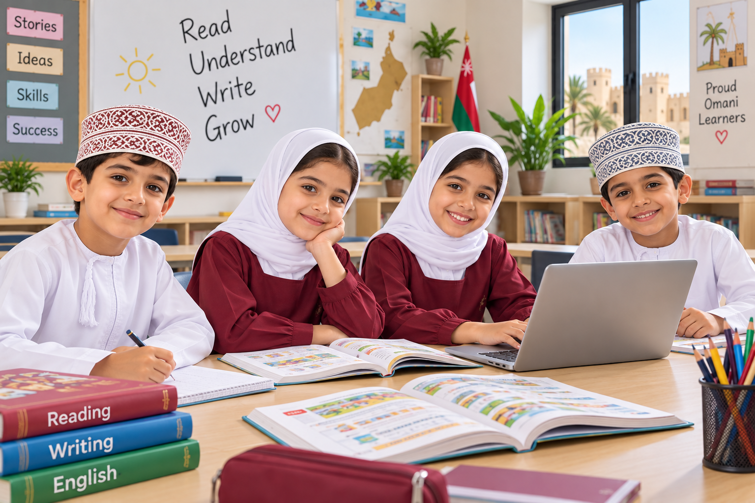 Omani children learning to read and write in class