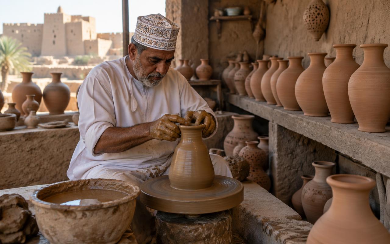 A potter shaping clay on a wheel in Bahla