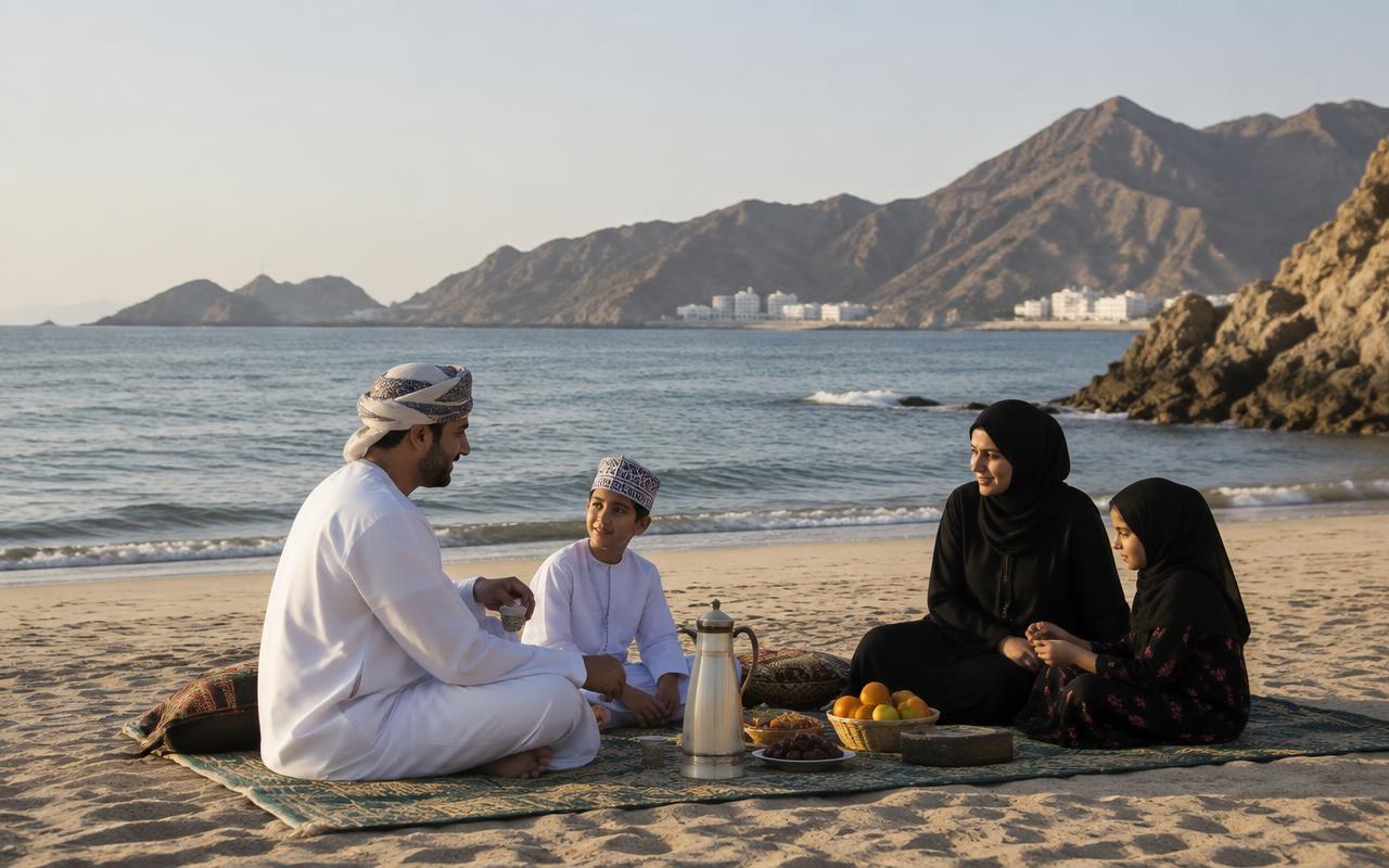 An Omani family on a sandy beach with mountains behind
