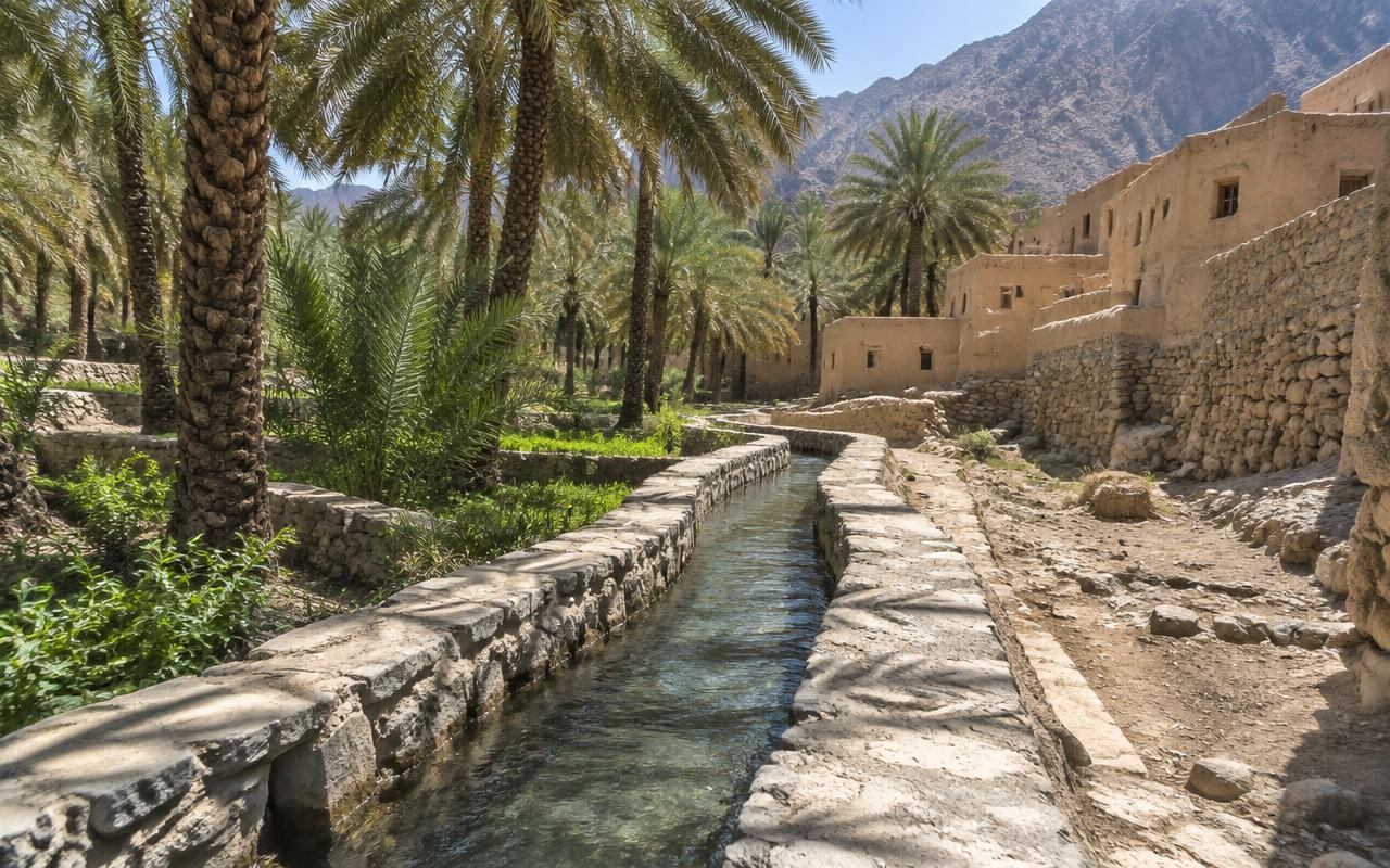 A stone falaj channel running through palm gardens