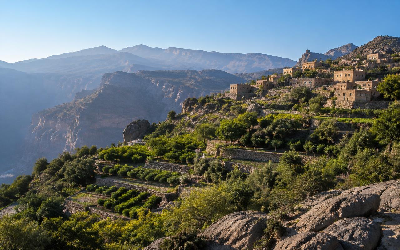 Stone terraces and houses on the green slopes of Jebel Akhdar