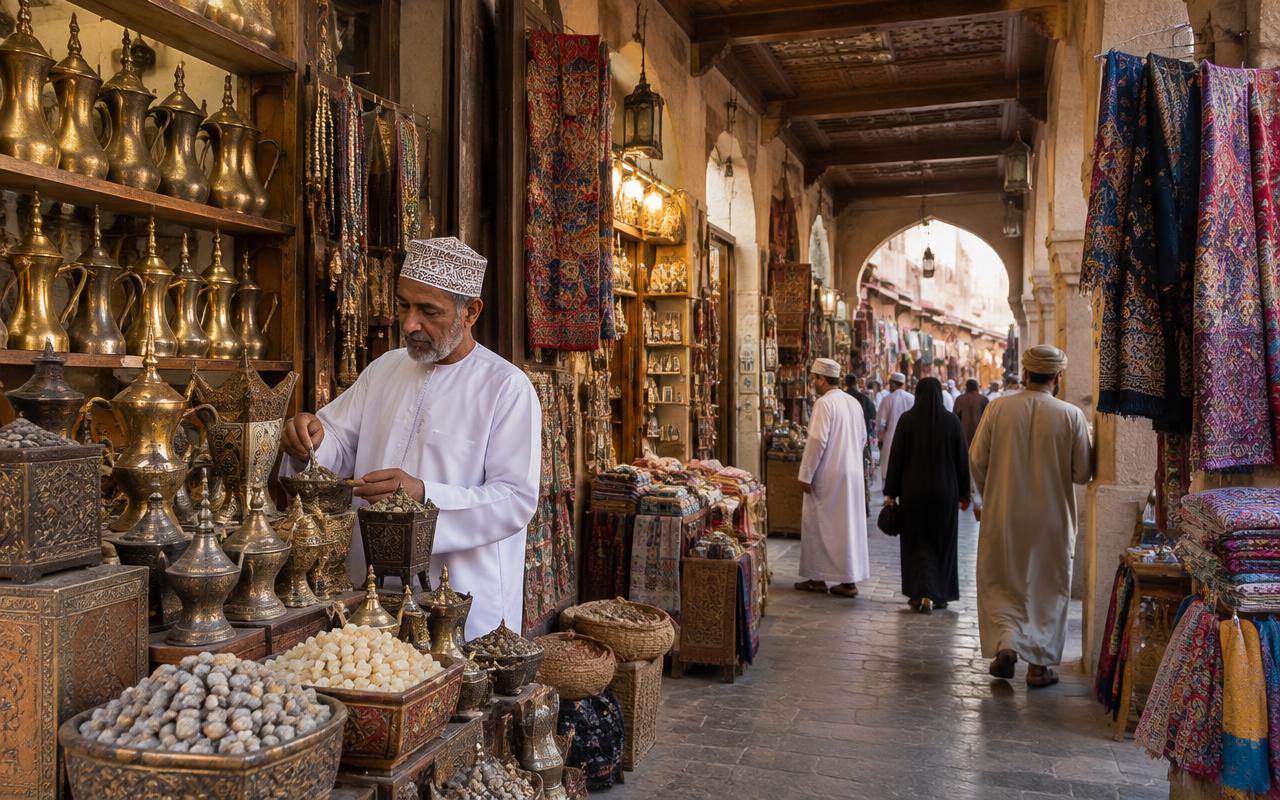 An Omani shopkeeper arranging brass coffee pots in Muttrah Souq