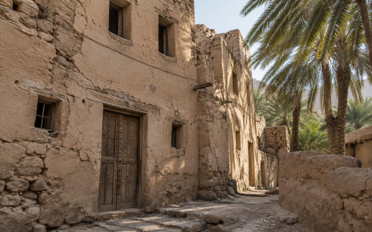 An old mud-brick house with a carved wooden door