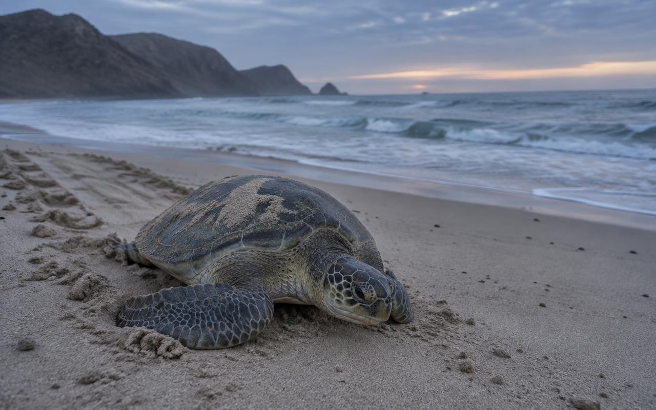 Baby sea turtles crawling to the sea on an Omani beach
