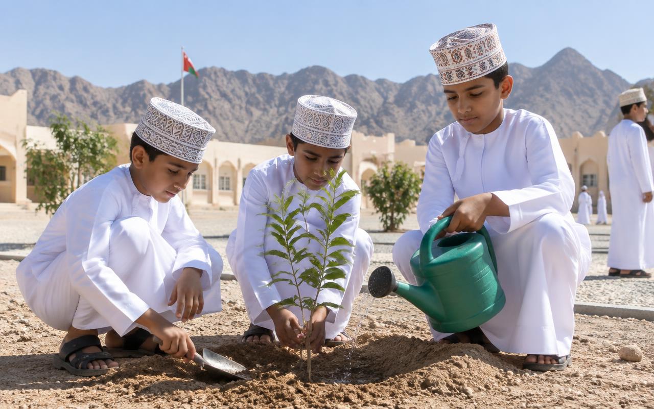 Volunteers planting young trees in dry ground